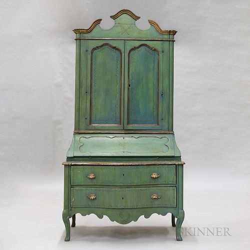 Italian Rococo-style Green-painted Secretary Bookcase