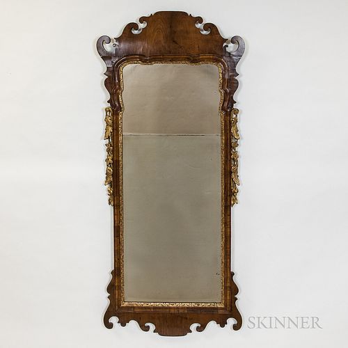Queen Anne-style Mahogany Veneer and Giltwood Scrolled Mirror