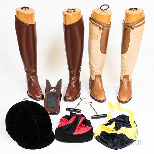 Two Pairs of Schneider Riding Boots, a Boot Bag, and a Riding Helmet