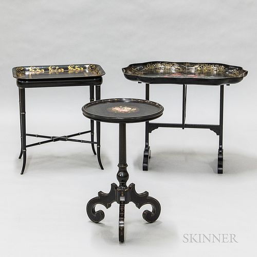 Three Gilt and Painted Black Lacquered Stands