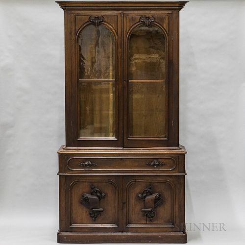 Renaissance Revival Carved and Glazed Walnut Desk/Bookcase