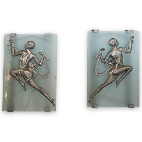 (2 Pc) "Gori" French Art Deco Glass Silvered Bronze Wall Sconces