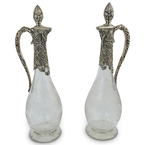 Pair Of Hand Etched Crystal & 800 Silver Decanters