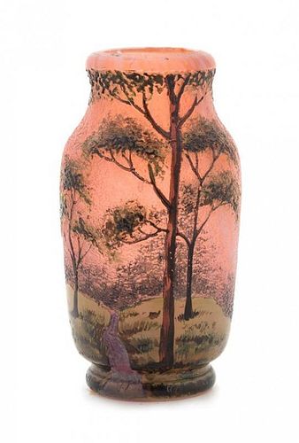 * An Enameled Cameo Glass Landscape Vase, Lamartine, Height 3 5/8 inches.