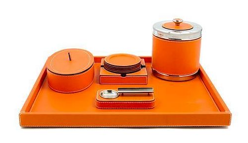 * A Chrome Mounted Leather Smoking Set Width of tray 21 inches.