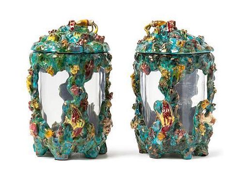 * A Pair of Italian Majolica Covered Jars or Aquariums Height 14 1/2 inches.