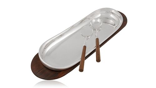 A Large Kay Bojesen Sterling Silver Serving Dish With Serving Set in a Fitted Teak Tray