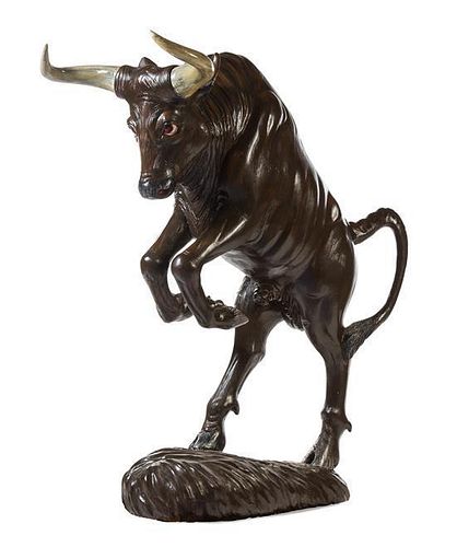 A Large Painted Wood Model of a Bull Height 59 1/2 inches.