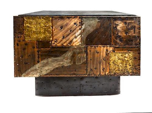 A Paul Evans Copper, Bronze and Pewter Clad End Table Height 23 x width 29 1/2 x depth 29 1/2 inches.