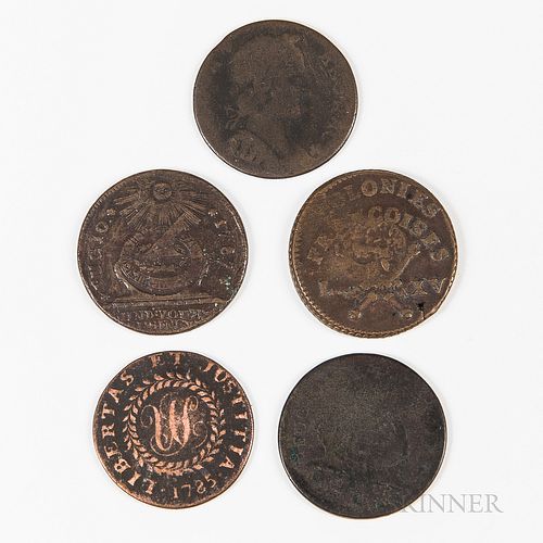 Five Colonial Cents and Tokens