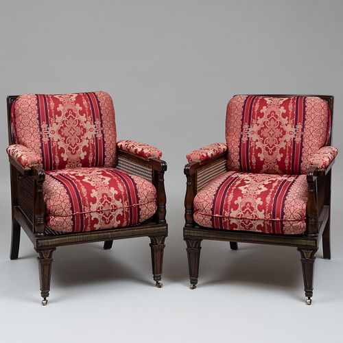 Pair of Late Regency Brass-Mounted Mahogany and Caned Library Armchairs