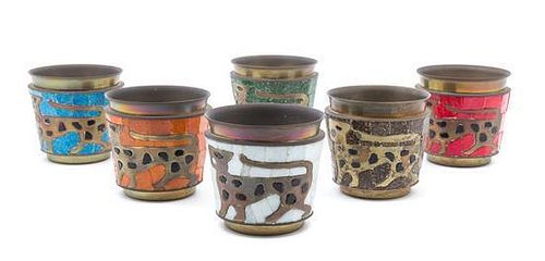 * A Group of Enameled and Tile-Inset Brass Cups Height 3 1/3 inches.