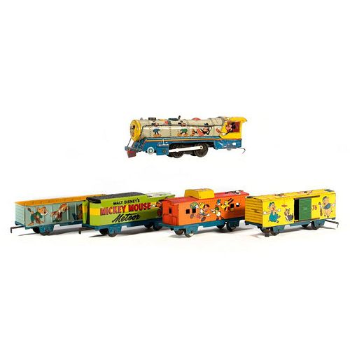 Marx Mickey Mouse windup Locomotive and Tender, Boxcar, Gondola, Caboose
