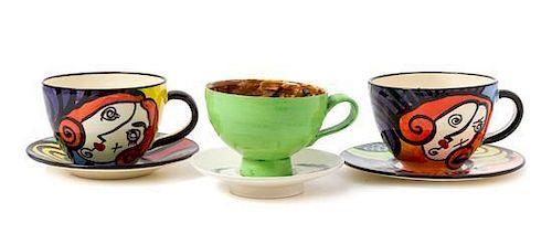 * Three Contemporary Painted Ceramic Tea Cups and Saucers Diameter of each 5 3/4 inches.