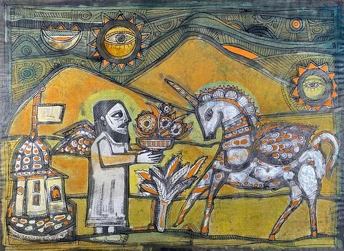 Badri Narayan Watercolor, Man With Pot of Flowers and Unicorn