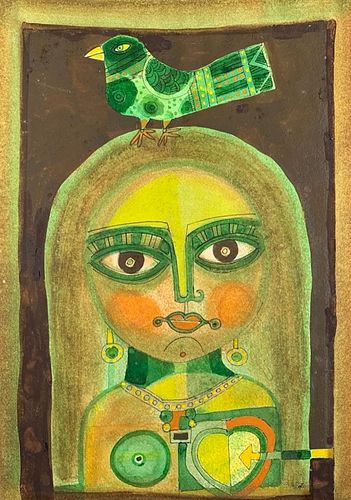 Badri Narayan Watercolor, Girl and Bird