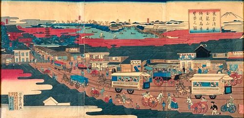 Japanese Color Woodblock Triptych, Busy City Street