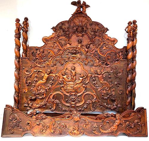 Spectacular Italian Carved Walnut Bed, Late 19thc.