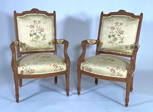 Pair of Louis XVI Style Carved Oak Fauteuils, 19th/20thc.