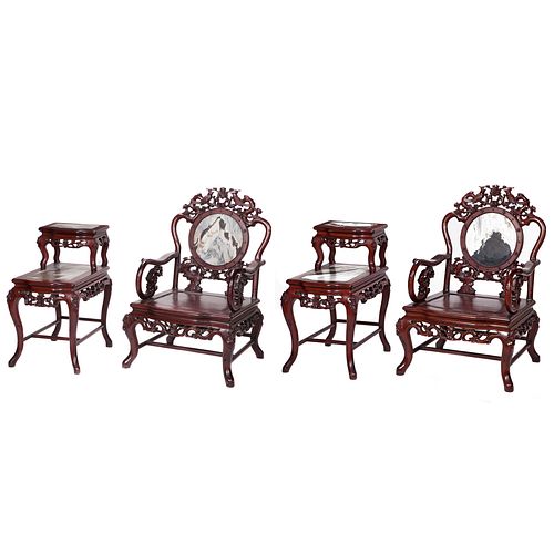 Pair of Marble Inlaid Rosewood Chairs and Matching Stands