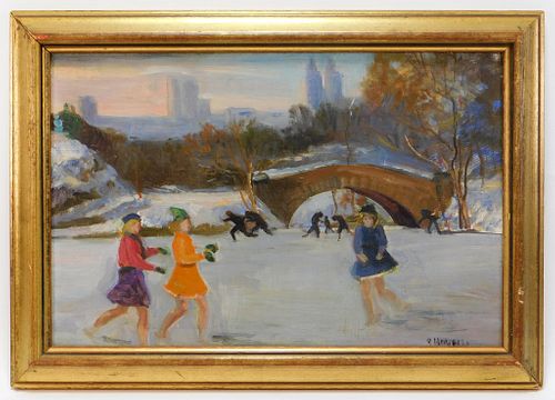 R. Howell Impressionist NYC Pond Skating Painting