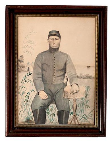 Folk Art Watercolor Portrait of a Confederate Soldier 