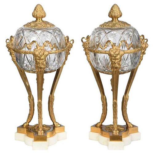  Pair of French Louis XVI Style Bronze and Cut Crystal Garniture Vases Covers