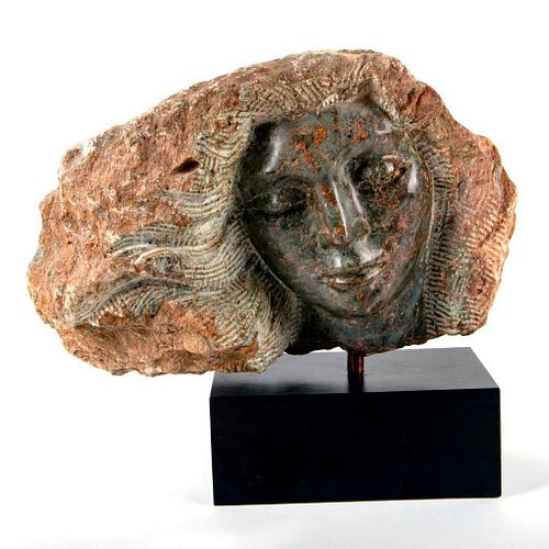 Michael Barkin Stone Sculpture, Face of Woman On Black Base