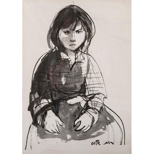 Ruth Schloss Gouache Painting, Seated Child, Framed