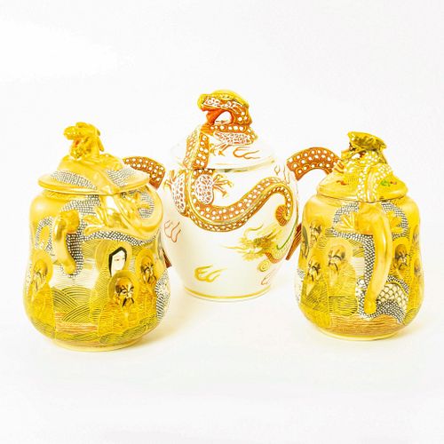 2 Japanese Pots With Lids, 1 Pitcher With Lid, Dragon Motifs