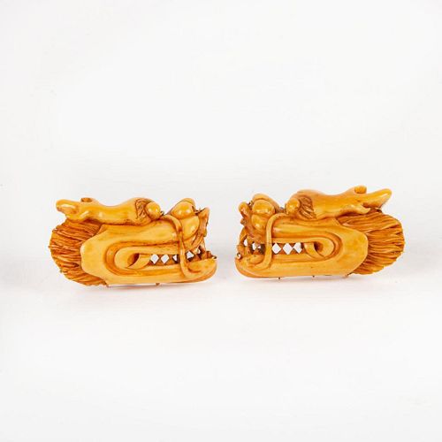 Handcarved Bone, Set of Dragon Earrings With Gold Clasp