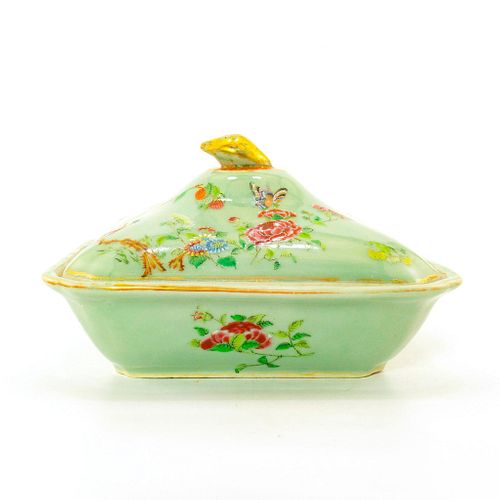 Vintage Ceramic Lidded Dish, Floral/Bird/Butterfly Design