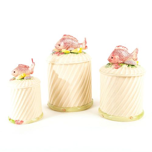 3pc Fitz and Floyd Ceramic Lidded Canister Set, Fish Design