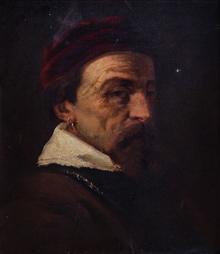Scuola italiana, secolo XIX - Half-length portrait of a man in a seventeenth-century suit, with a red cap and earring