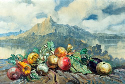 Antonio  Calcagnadoro (Rieti  1935-1976)  - Still life with mountain and lake in the background, 1932