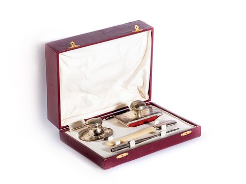Two silver writing sets, with leather box, 20th century