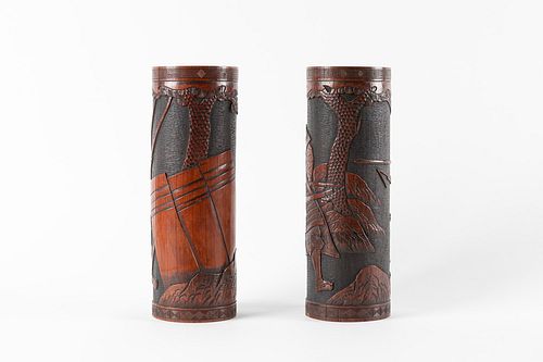 Two bamboo bitongs, depicting Samurai