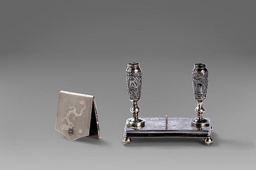 Lot consisting of a silver pen holder signed Wang Hing and a silver match holder, 20th century China
