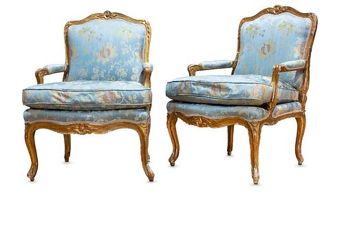 Pair of Louis XV gilded armchairs, 18th century