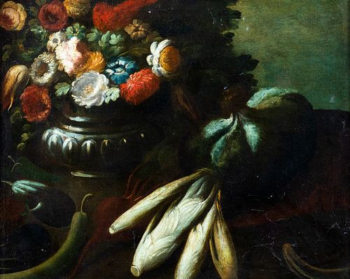 Scuola italiana, secolo XVII - Flowers in a vase and vegetables en plein air
