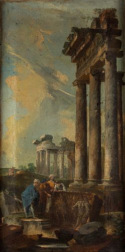 Maniera di Giovanni Paolo Panini - Two architectural capricci with ancient ruins and bystanders