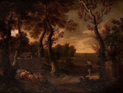 Scuola romana, secolo XVII - Arcadian landscape with bystanders
