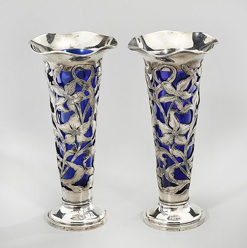 Pair Sterling Floral Openwork Glass Trumpet Vases