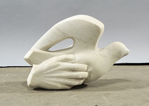 White Marble Sculpture of a Hand and Dove