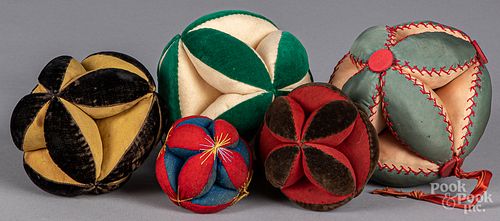 Five Pennsylvania cloth sewing balls, 20th c.