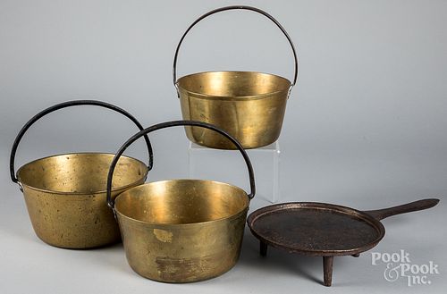 Three brass buckets with iron handles, etc.