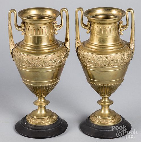 Pair of Neoclassical brass urns on slate bases