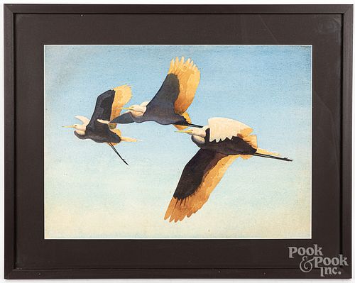 Richard Evett Bishop watercolor of three egrets