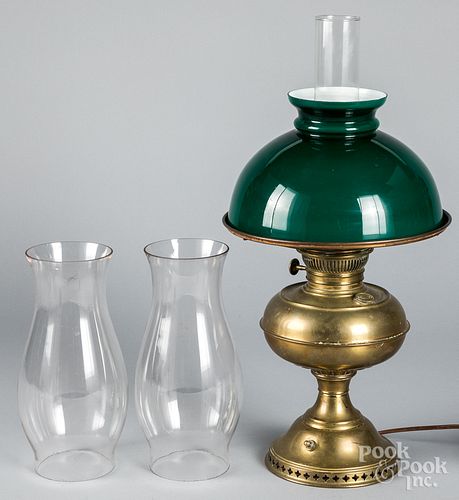 Brass fluid lamp and a pair of hurricane shades