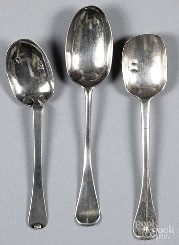 Three silver spoons, 18th c., etc.